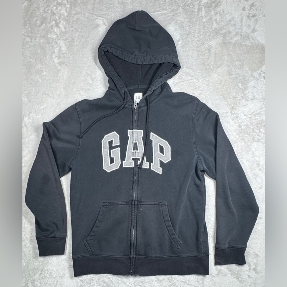 Y2K Style Gap Men’s Full Zip Logo Spellout Black Grey Hoodie Sweatshirt Medium